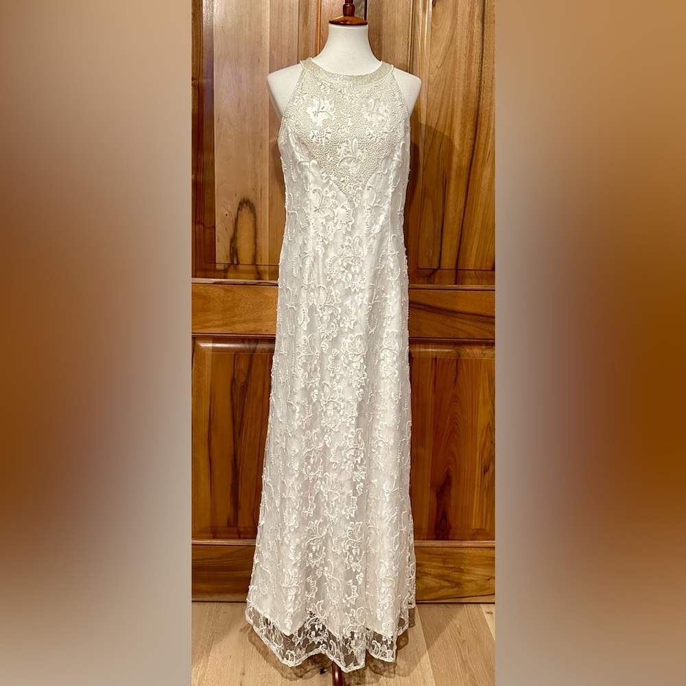 Scala - NWT - Sheer Lace - Full-Length Ivory Gown - Beaded Keyhole Neckline - XL